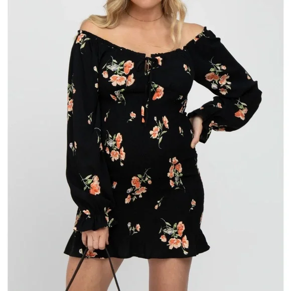Black Floral Long Sleeve Smocked Maternity Mini Dress - Picture 2 of 5